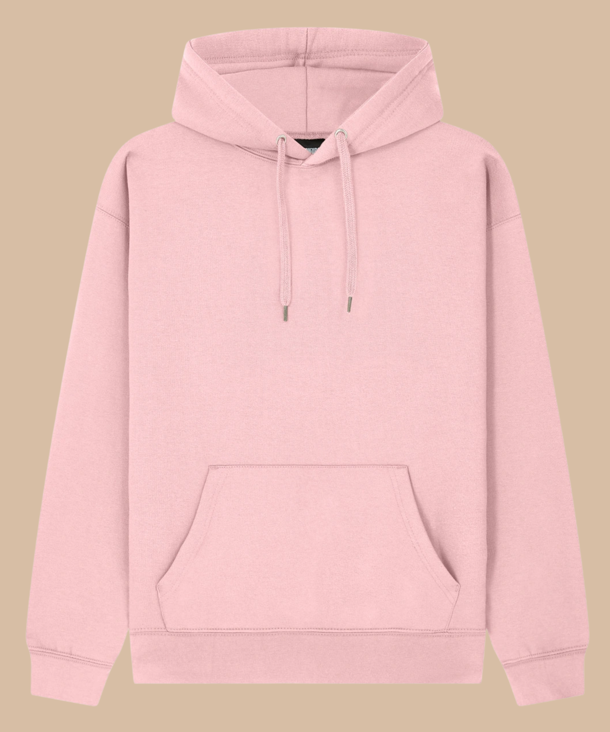 A baby pink pullover style hoodie with front kangaroo pocket. Pathfinder Printworks hand print hoodies for clubs, teams and businesses. Based in South Wales.
