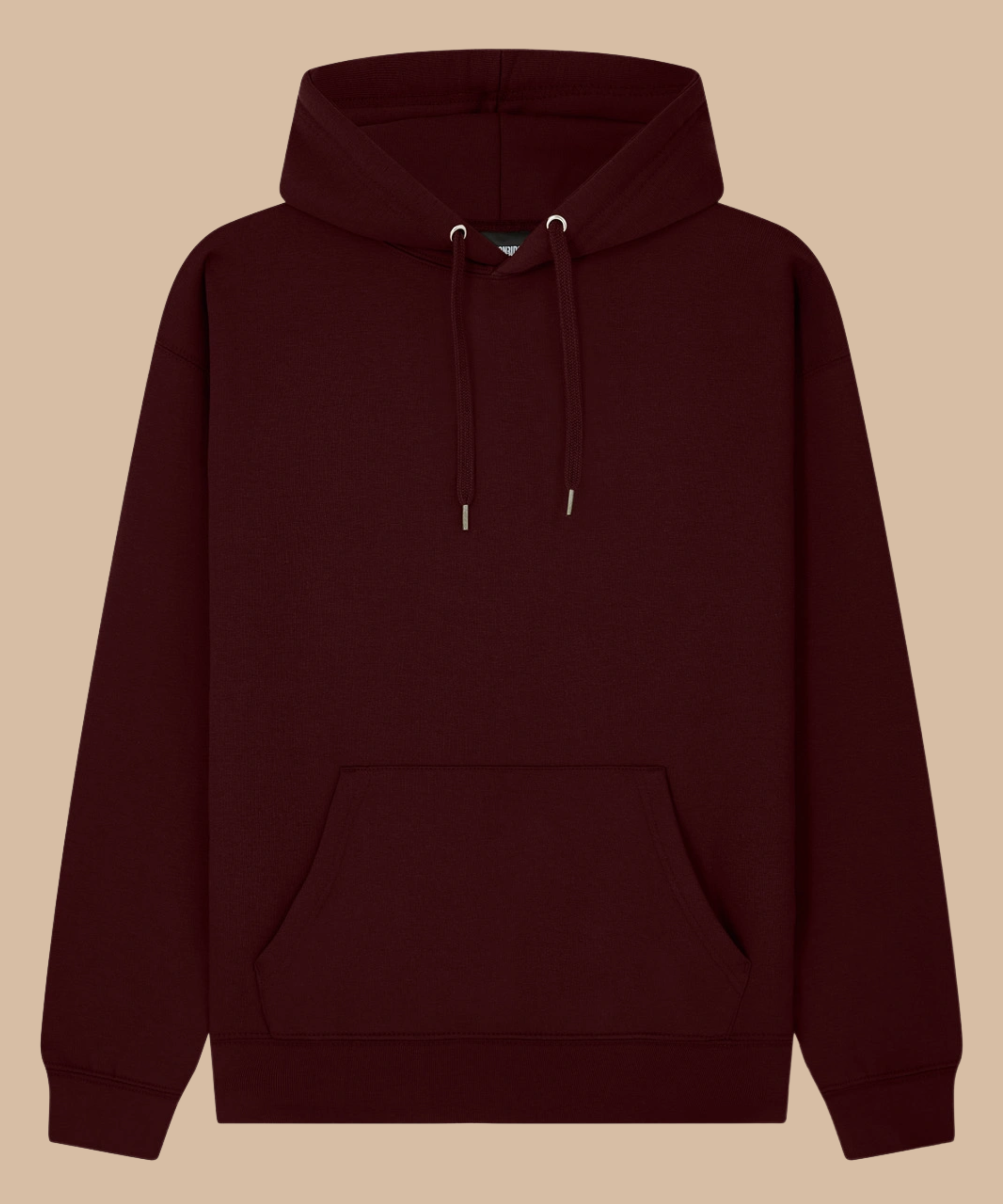 A dark burgundy pullover hoodie with matching drawstrings and a front kangaroo pocket, displayed against a solid beige background. Pathfinder Printworks hand print hoodies for clubs, teams and businesses. Based in South Wales.