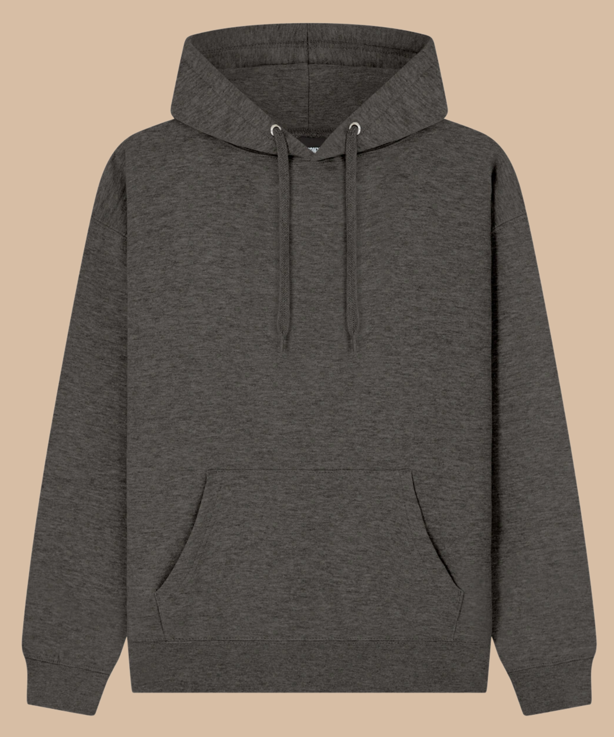 A dark heather grey pullover hoodie with matching drawstrings and a front kangaroo pocket, displayed against a solid beige background. Pathfinder Printworks hand print hoodies for clubs, teams and businesses. Based in South Wales.