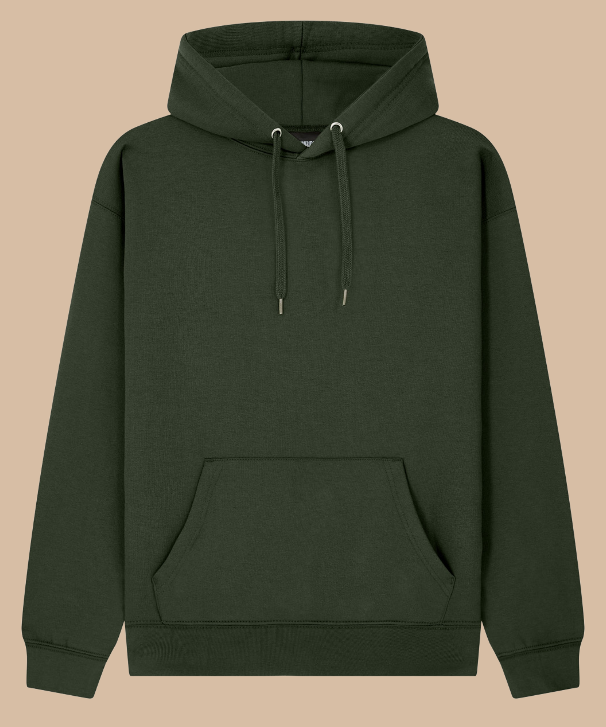 A dark forest green pullover hoodie with matching drawstrings and a front kangaroo pocket, displayed against a solid beige background. Pathfinder Printworks hand print hoodies for clubs, teams and businesses. Based in South Wales.