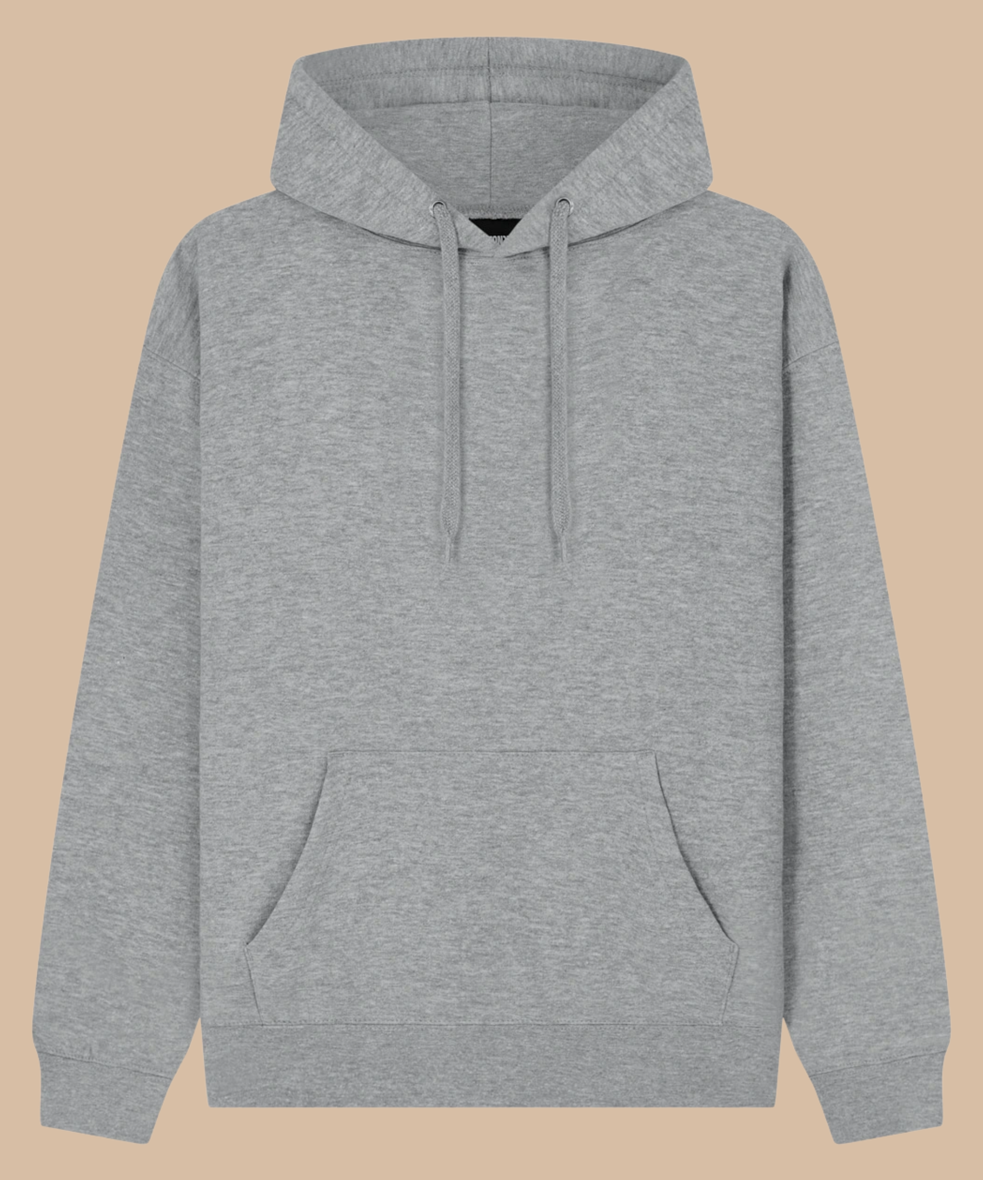 A light heather grey pullover hoodie with matching drawstrings and a front kangaroo pocket, displayed against a solid beige background. Pathfinder Printworks hand print hoodies for clubs, teams and businesses. Based in South Wales.
