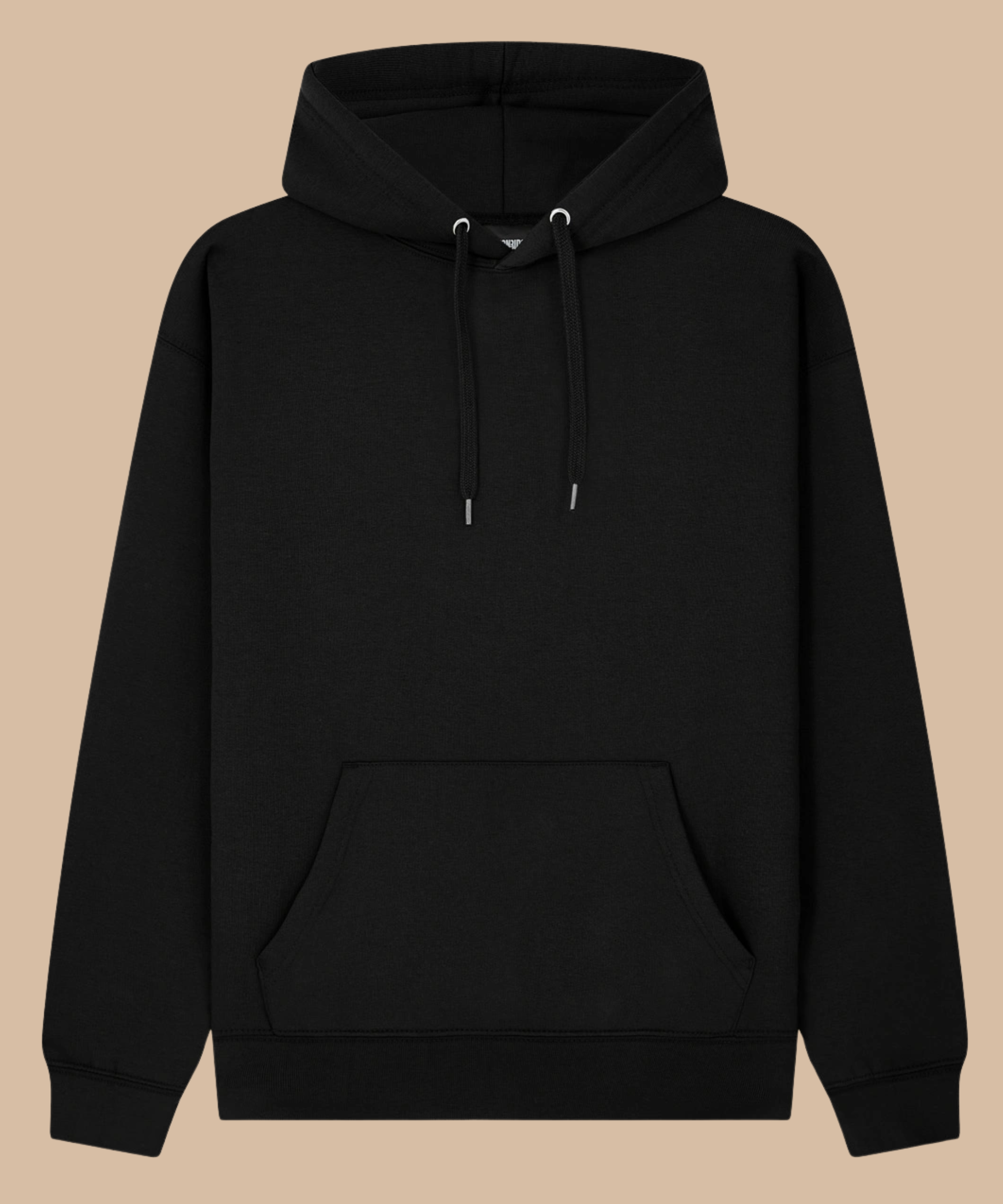 Jet black hoodie with a kangaroo pocket, against a beige background. Pathfinder Printworks hand print hoodies for clubs, teams and businesses. Based in South Wales.