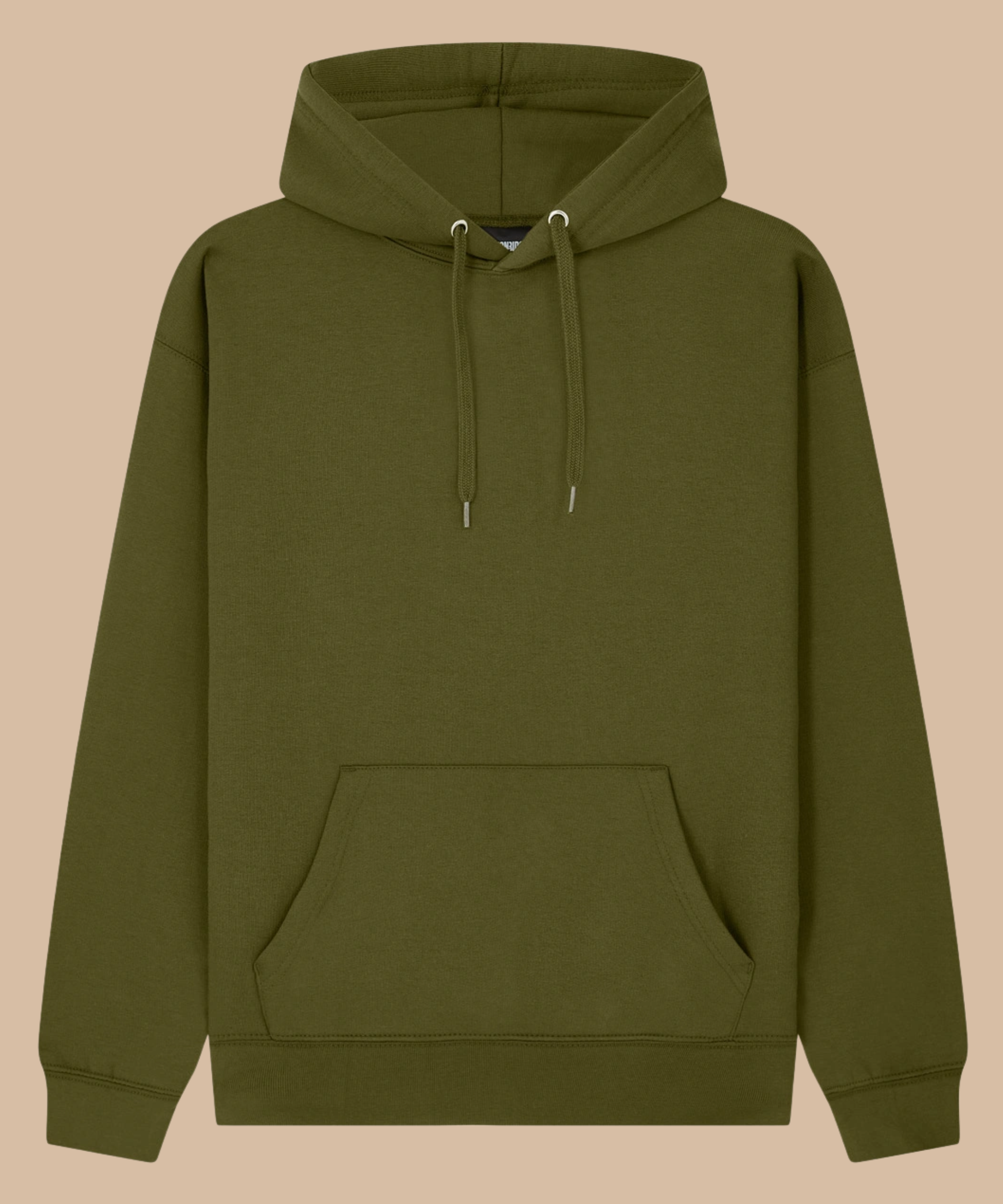 An olive green pullover hoodie with matching drawstrings and a front kangaroo pocket, displayed against a solid beige background. Pathfinder Printworks hand print hoodies for clubs, teams and businesses. Based in South Wales.