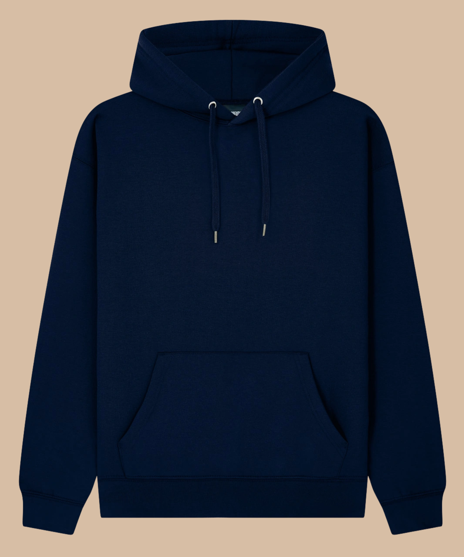 A dark navy blue pullover hoodie with matching drawstrings and a front kangaroo pocket, displayed against a solid beige background. Pathfinder Printworks hand print hoodies for clubs, teams and businesses. Based in South Wales.
