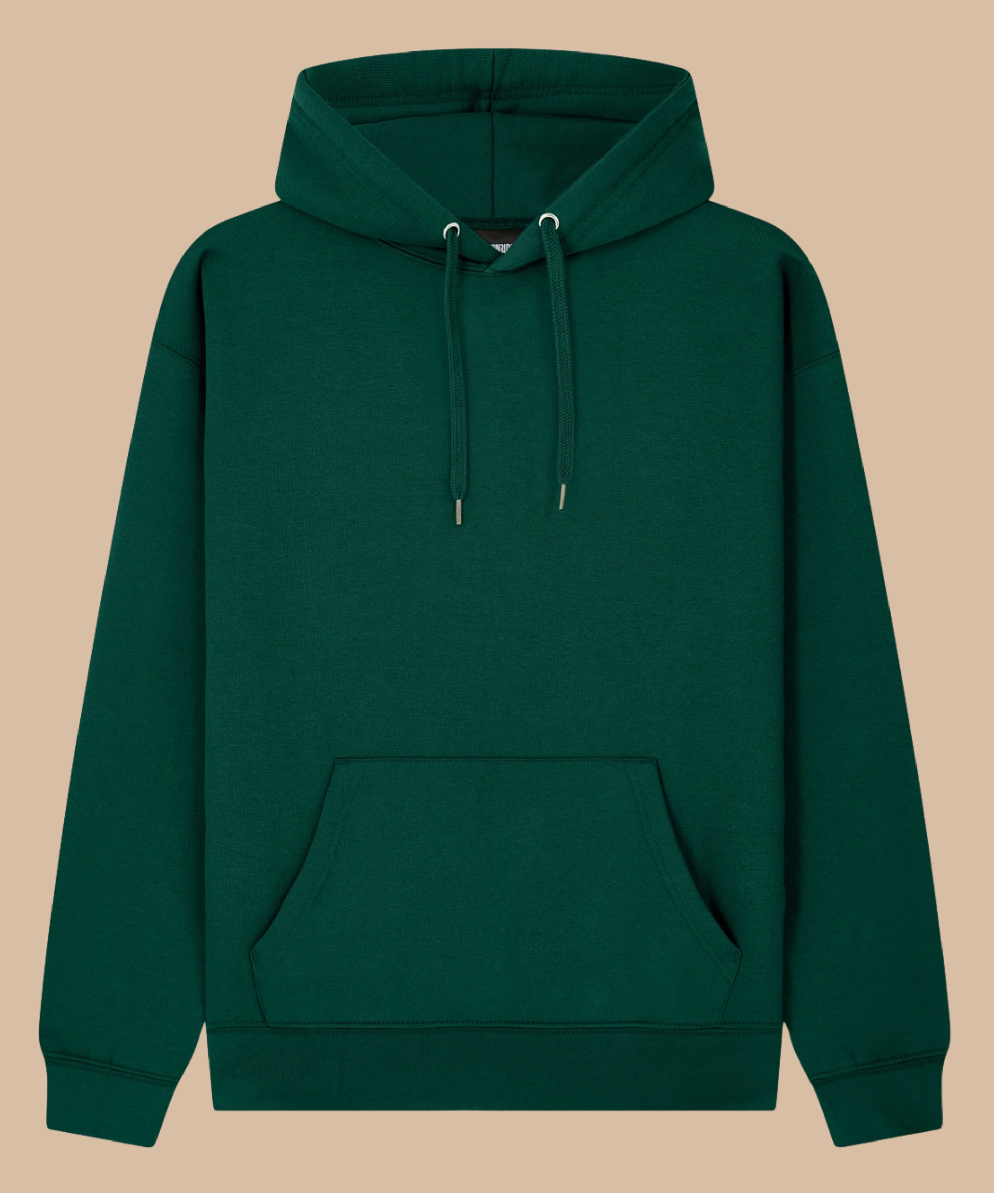 A dark green pullover hoodie with matching drawstrings and a front kangaroo pocket, displayed against a solid beige background. Pathfinder Printworks hand print hoodies for clubs, teams and businesses. Based in South Wales.
