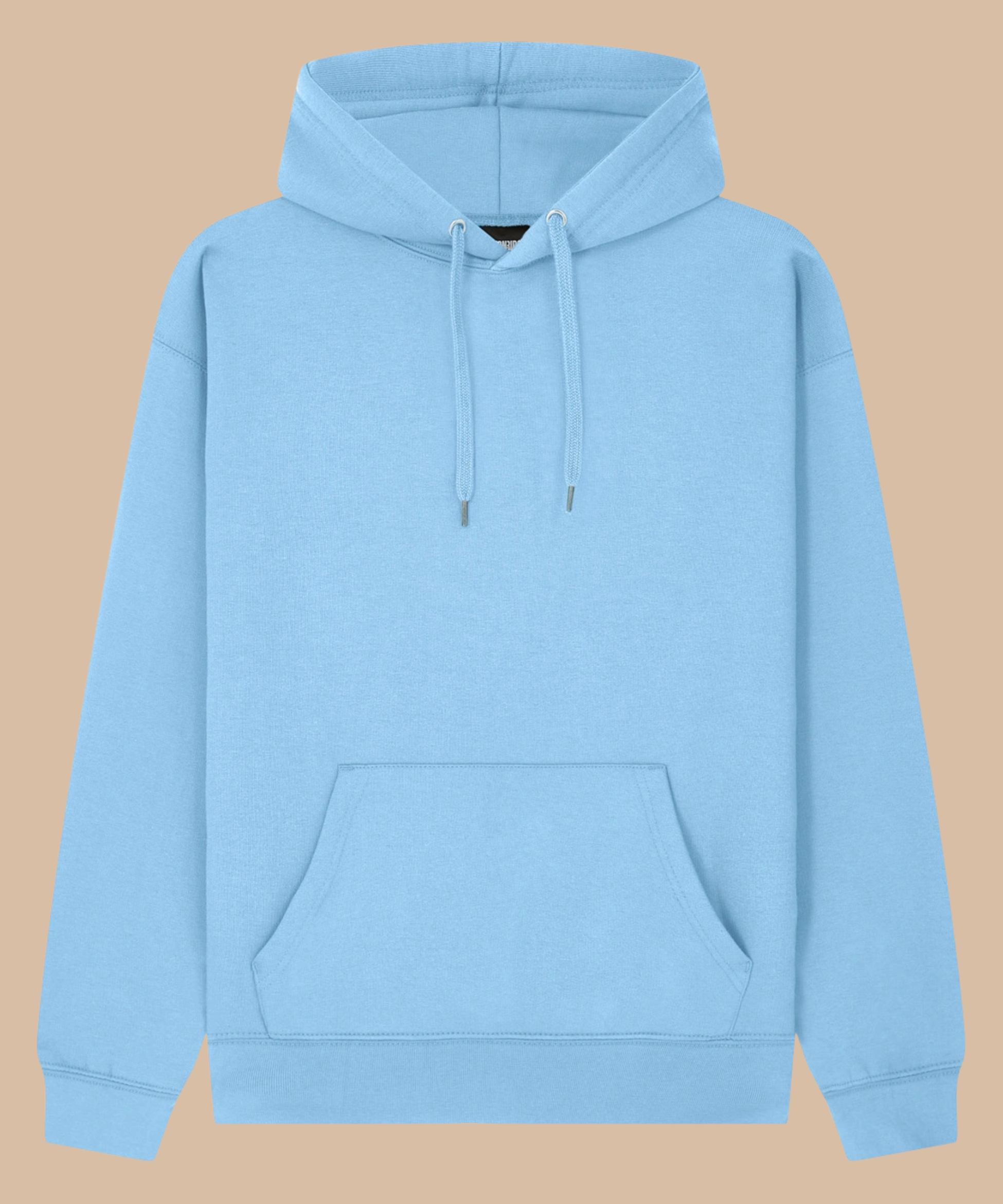 A light blue pullover hoodie with matching drawstrings and a front kangaroo pocket, shown against a solid beige background. Pathfinder Printworks hand print hoodies for clubs, teams and businesses. Based in South Wales.