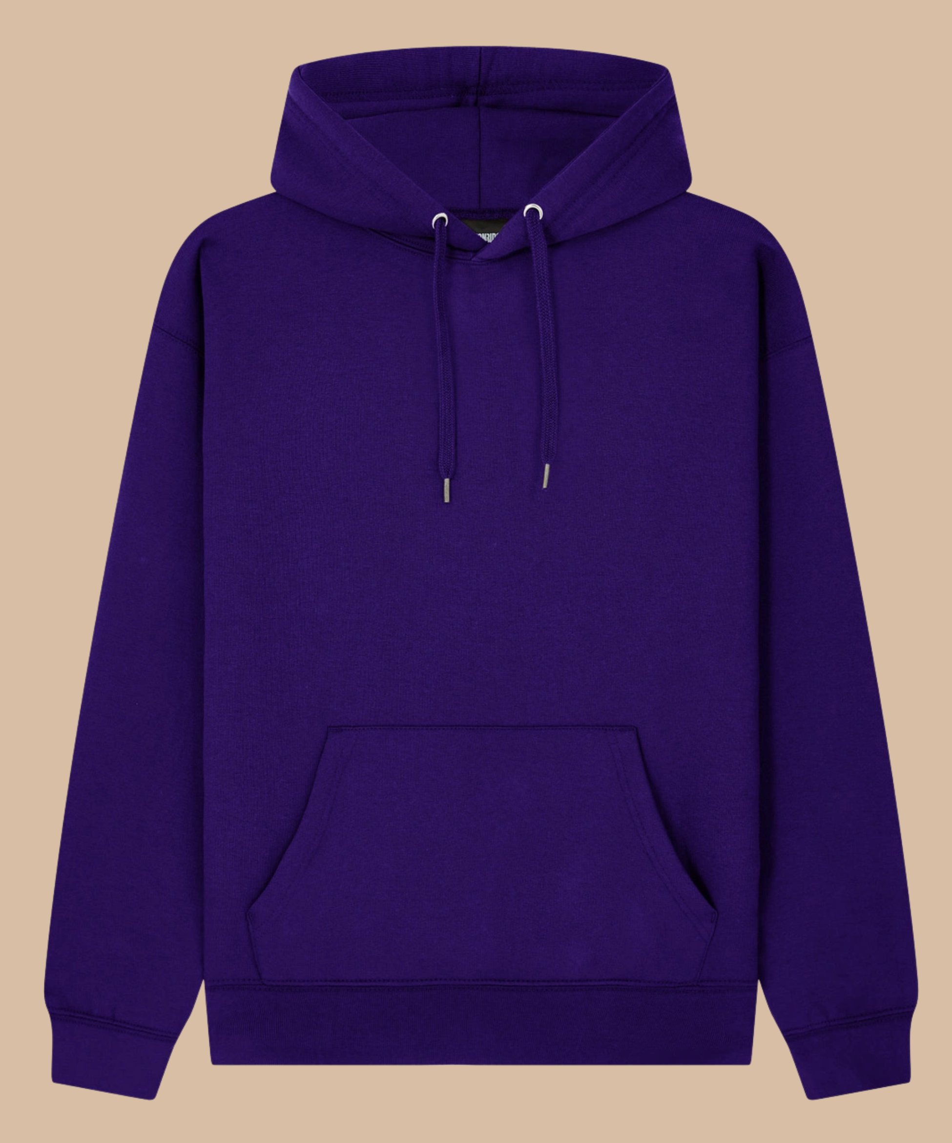 A solid purple pullover hoodie with matching drawstrings and a front kangaroo pocket, displayed against a solid beige background. Pathfinder Printworks hand print hoodies for clubs, teams and businesses. Based in South Wales.