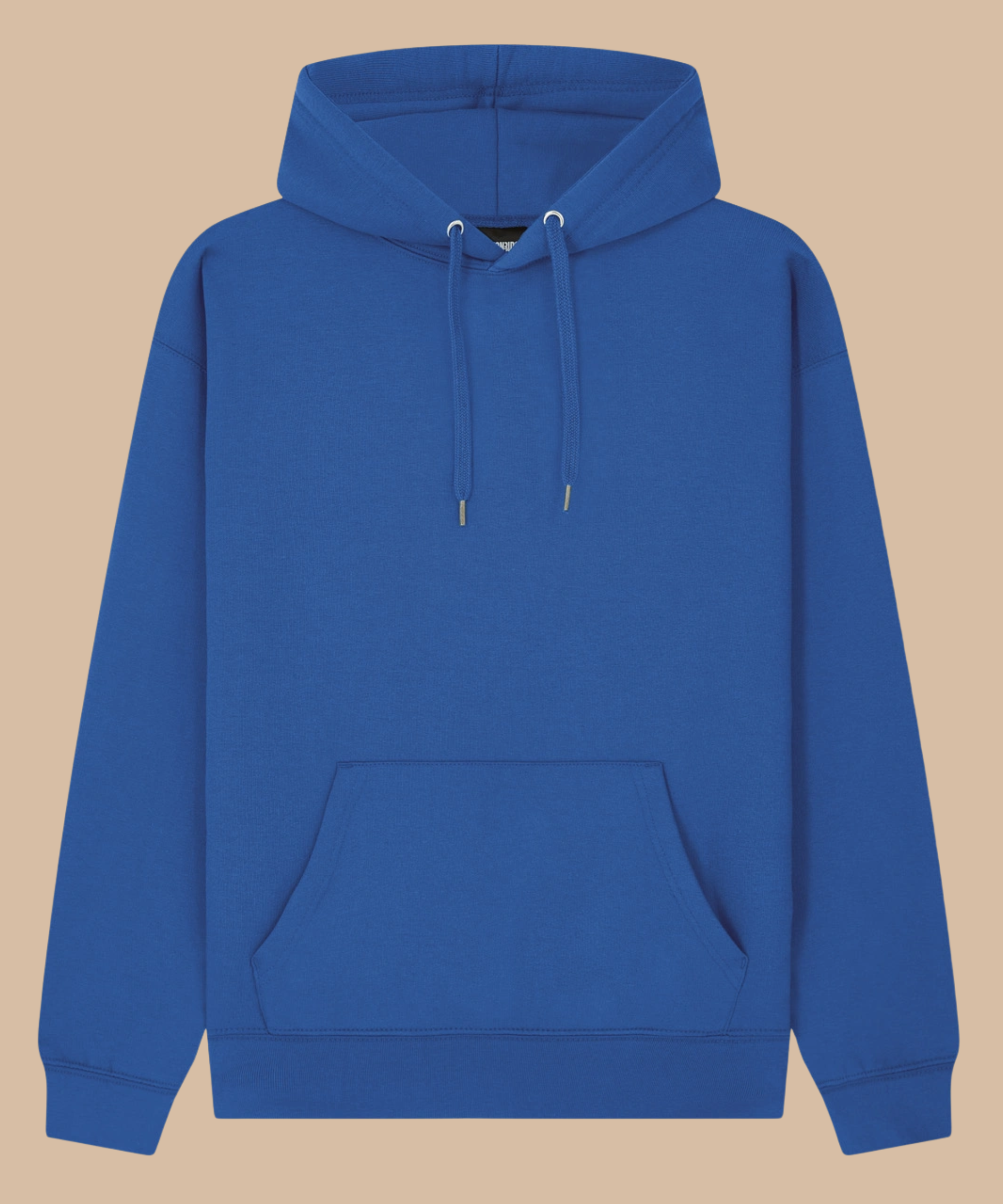 A royal blue pullover hoodie with matching drawstrings and a front kangaroo pocket, displayed against a solid beige background. Pathfinder Printworks hand print hoodies for clubs, teams and businesses. Based in South Wales.