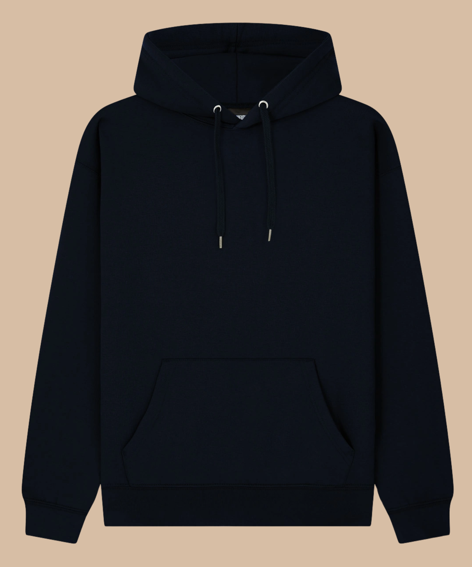 A dark navy blue pullover hoodie with a front kangaroo pocket and drawstrings, displayed against a solid beige background. Pathfinder Printworks hand print hoodies for clubs, teams and businesses. Based in South Wales.