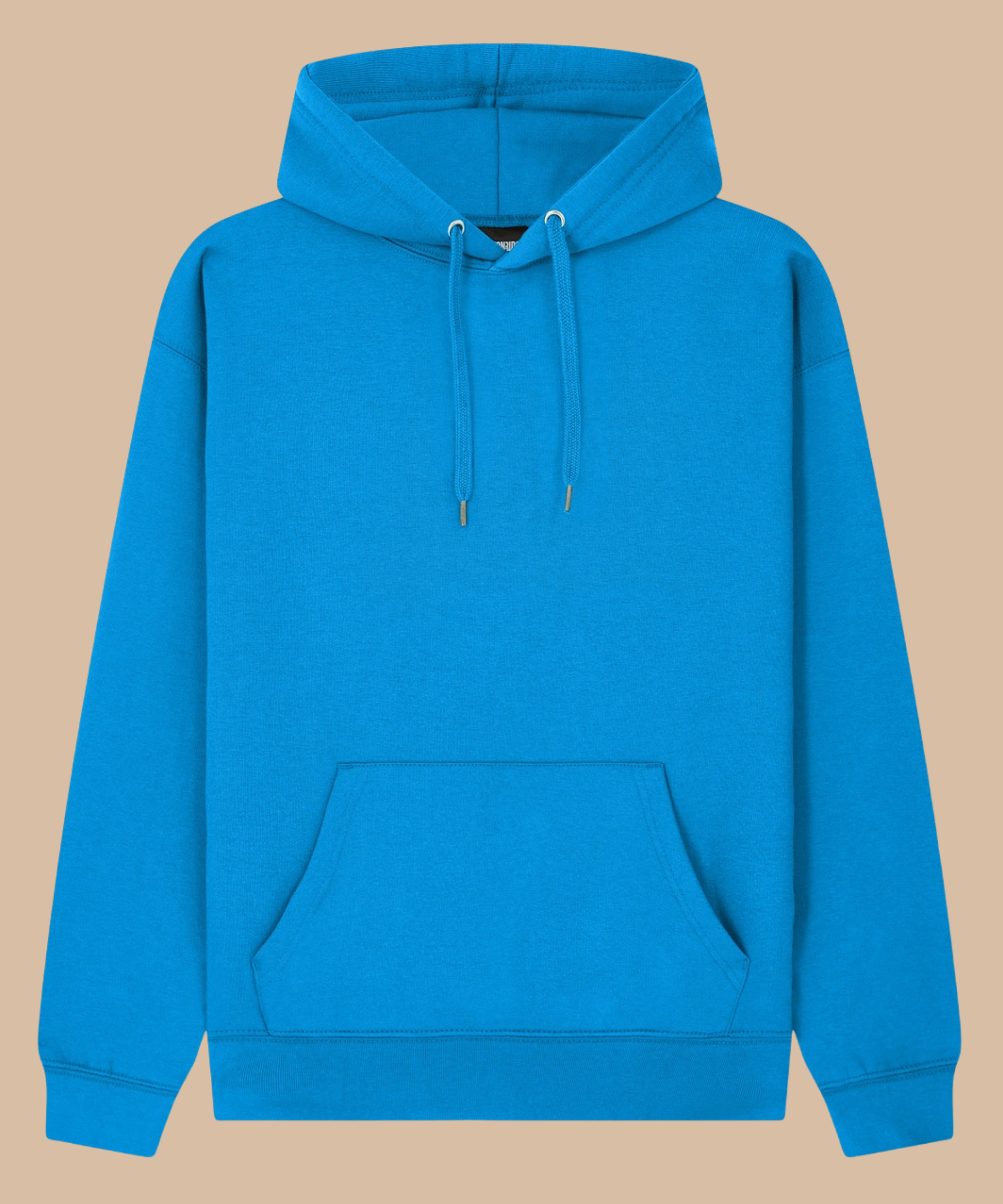 A bright blue pullover hoodie with matching drawstrings and a front kangaroo pocket, displayed against a solid beige background. Pathfinder Printworks hand print hoodies for clubs, teams and businesses. Based in South Wales.