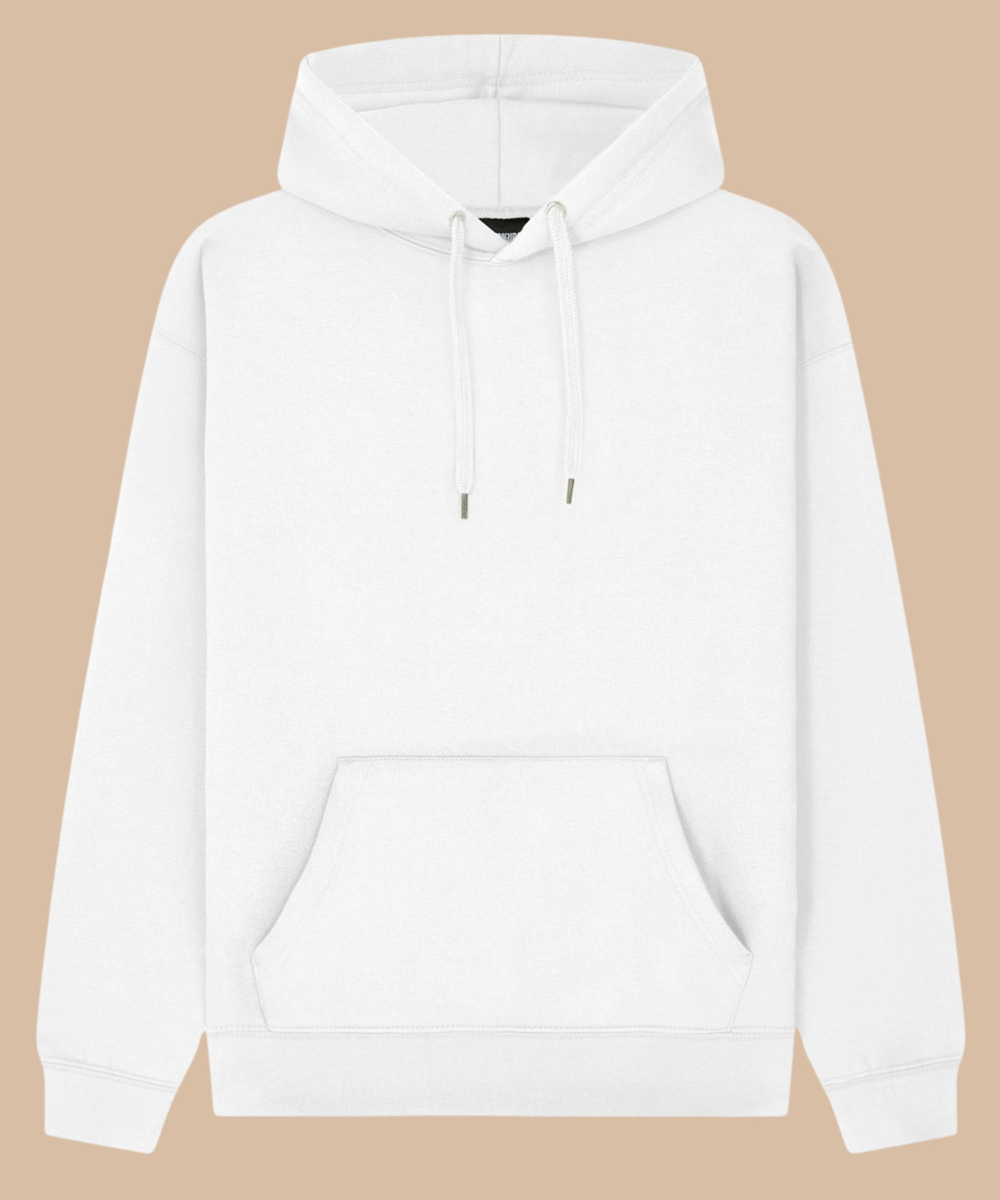 A plain white pullover hoodie with a front kangaroo pocket and drawstrings, shown against a solid beige background. Pathfinder Printworks hand print hoodies for clubs, teams and businesses. Based in South Wales.