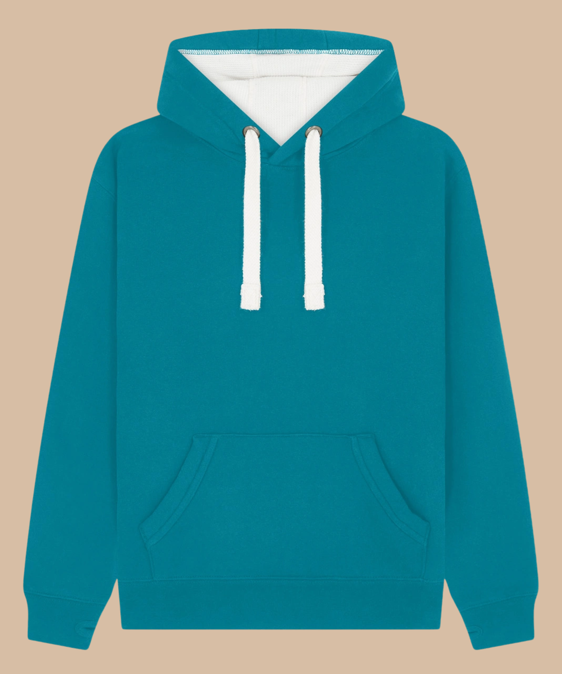 Premium quality heavyweight hoodie in caribbean blue with contrasting hood inner and draw cord. Has front kangaroo pocket with hidden phone pouch, and thumb holes in the sleeve cuffs. From Pathfinder Printworks. Screen printers for teams, clubs, and businesses.