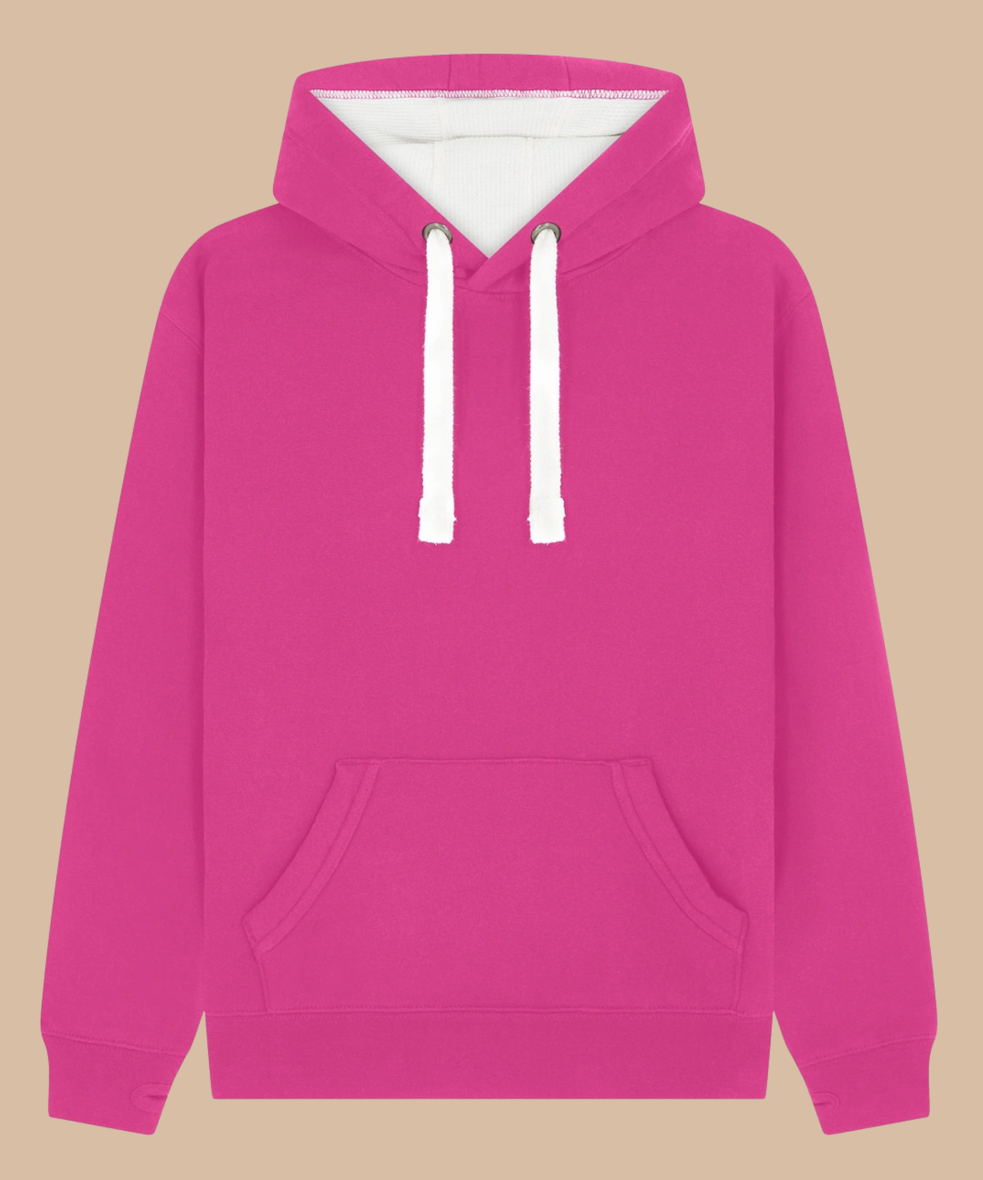 Premium quality heavyweight hoodie in cerise with contrasting hood inner and draw cord. Has front kangaroo pocket with hidden phone pouch, and thumb holes in the sleeve cuffs. From Pathfinder Printworks. Screen printers for teams, clubs, and businesses.