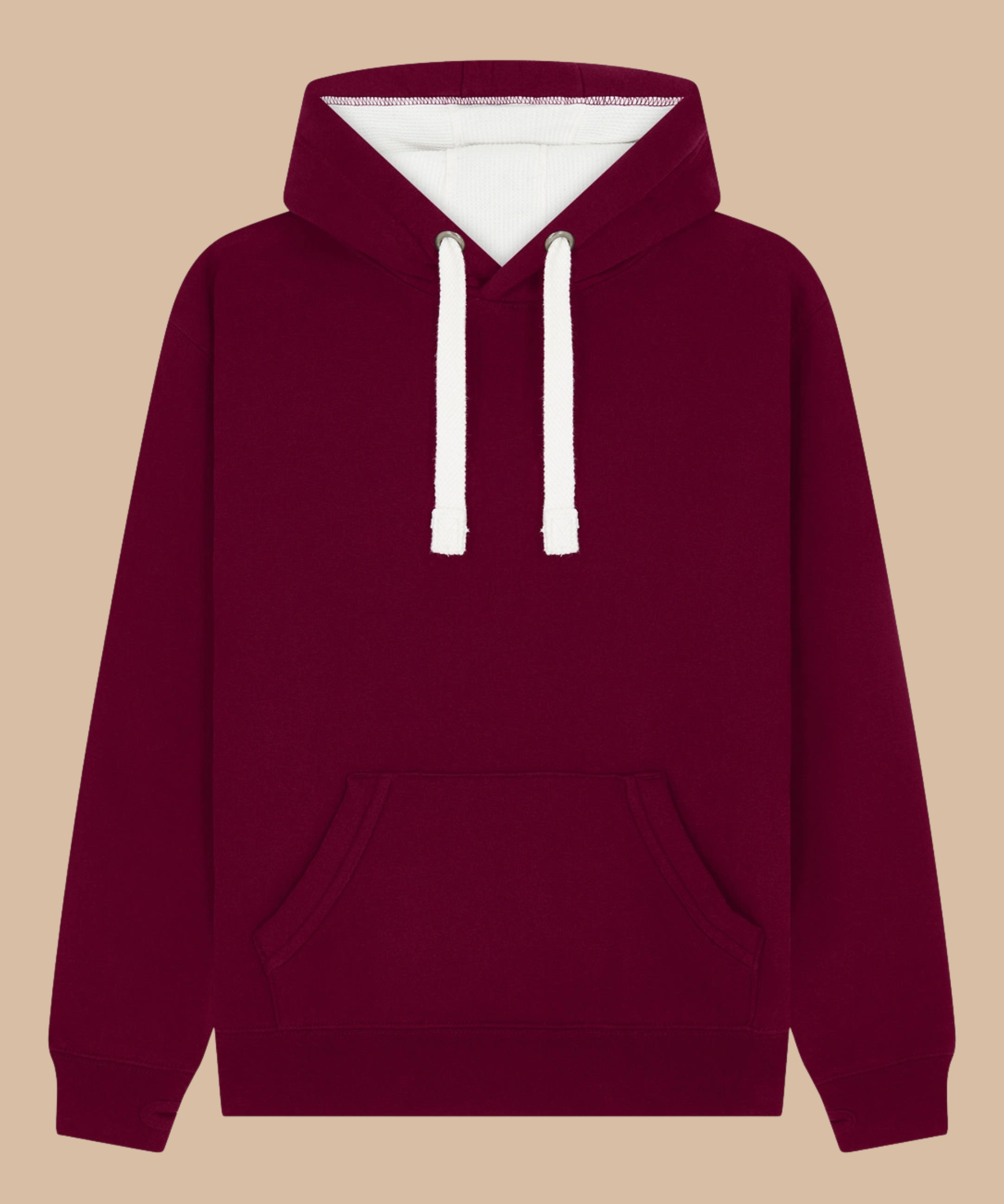 Premium quality heavyweight hoodie in cranberry with contrasting hood inner and draw cord. Has front kangaroo pocket with hidden phone pouch, and thumb holes in the sleeve cuffs. From Pathfinder Printworks. Screen printers for teams, clubs, and businesses.