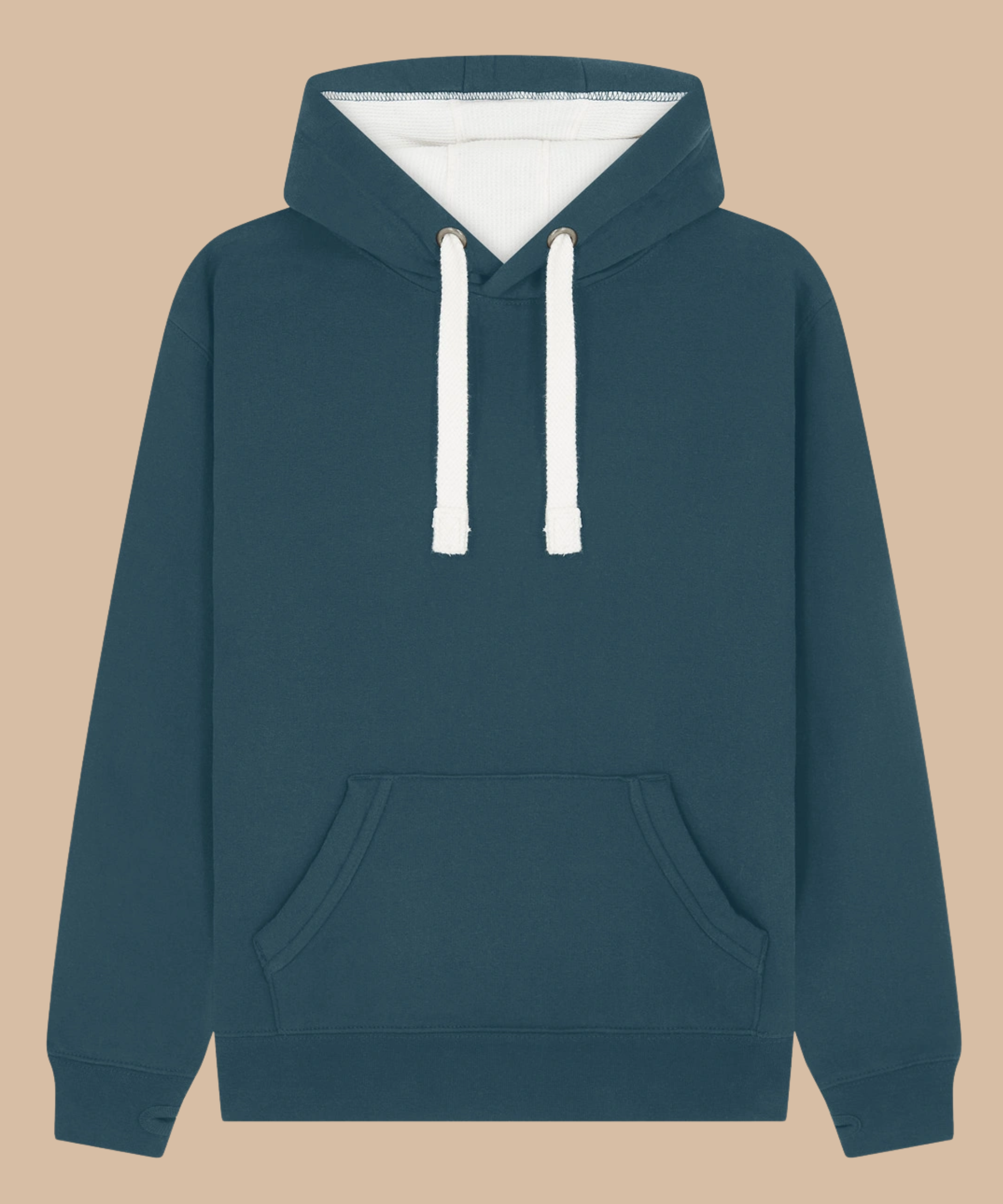 Premium quality heavyweight hoodie in deep sea blue with contrasting hood inner and draw cord. Has front kangaroo pocket with hidden phone pouch, and thumb holes in the sleeve cuffs. From Pathfinder Printworks. Screen printers for teams, clubs, and businesses.