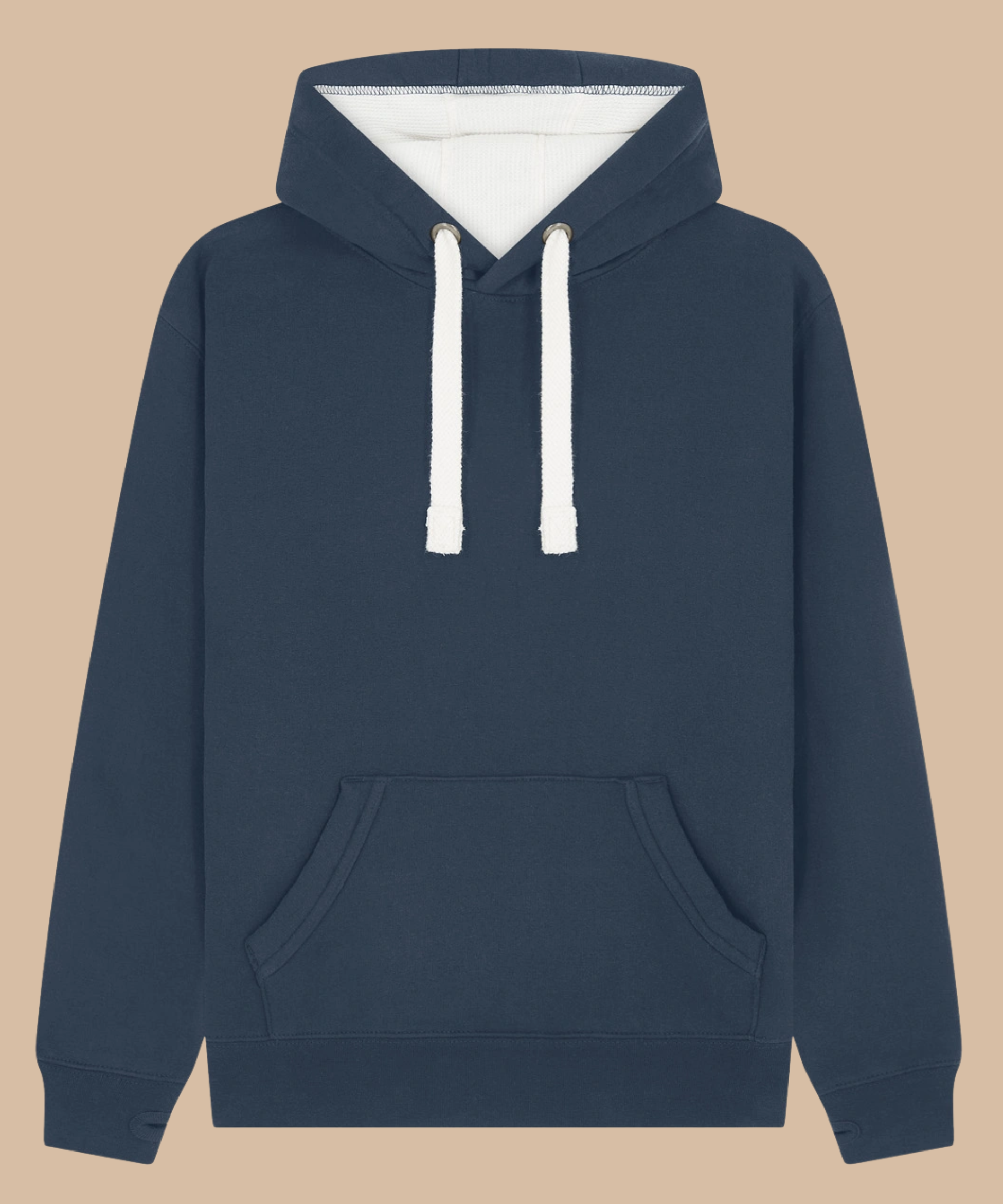 Premium quality heavyweight hoodie in denim blue with contrasting hood inner and draw cord. Has front kangaroo pocket with hidden phone pouch, and thumb holes in the sleeve cuffs. From Pathfinder Printworks. Screen printers for teams, clubs, and businesses.
