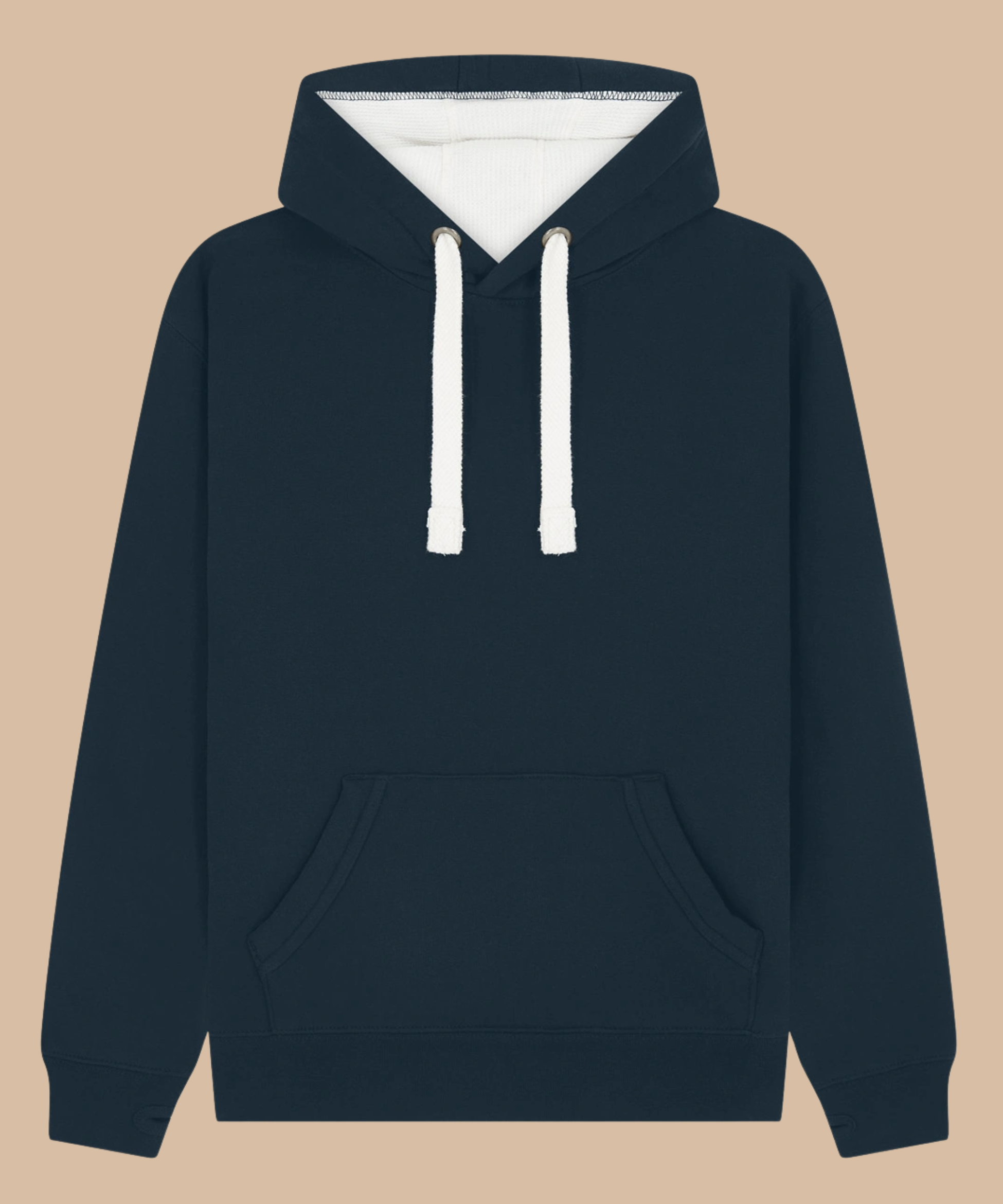 Premium quality heavyweight hoodie in French navy with contrasting hood inner and draw cord. Has front kangaroo pocket with hidden phone pouch, and thumb holes in the sleeve cuffs. From Pathfinder Printworks. Screen printers for teams, clubs, and businesses.