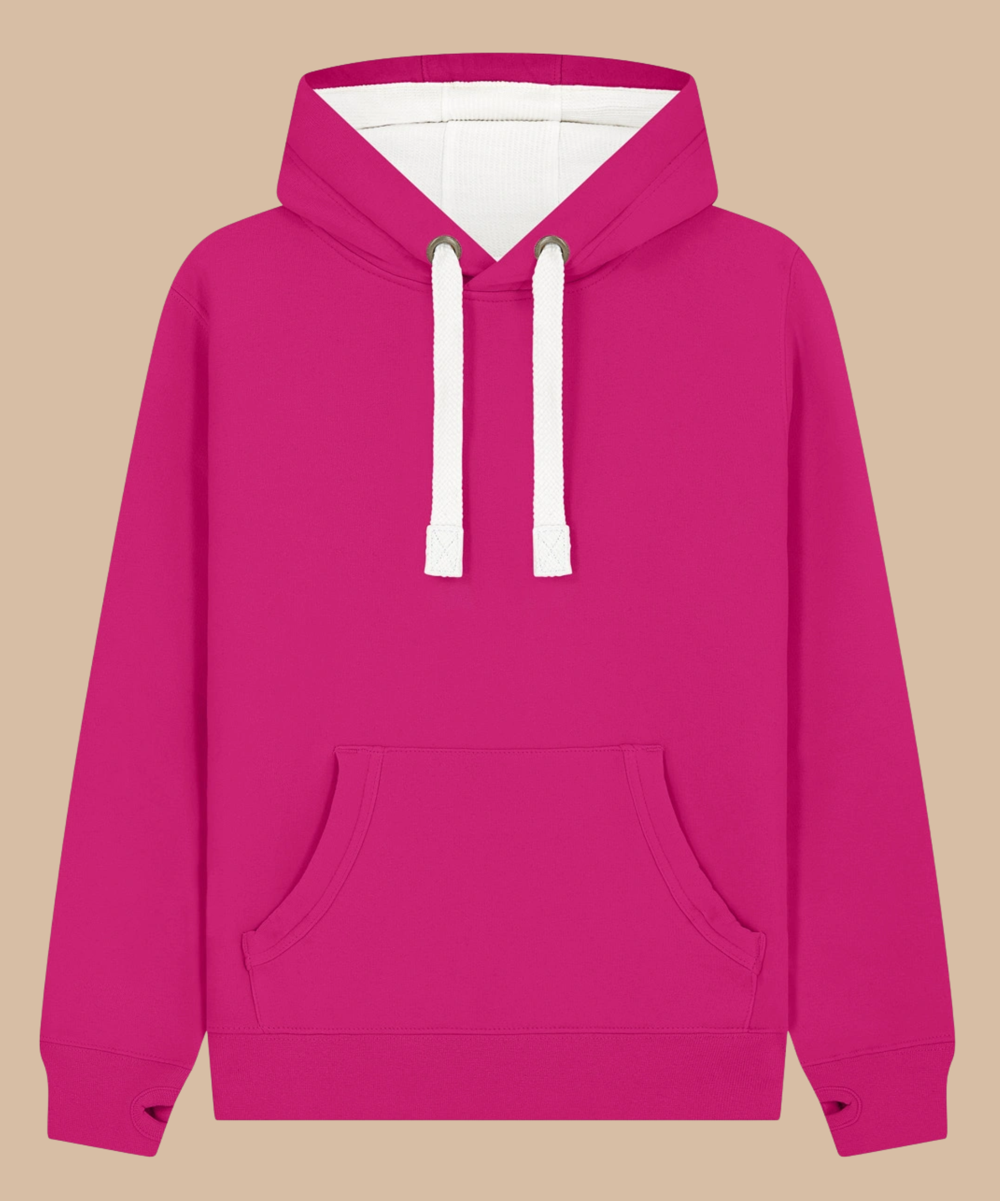 Premium quality heavyweight hoodie in honeysuckle pink with contrasting hood inner and draw cord. Has front kangaroo pocket with hidden phone pouch, and thumb holes in the sleeve cuffs. From Pathfinder Printworks. Screen printers for teams, clubs, and businesses.