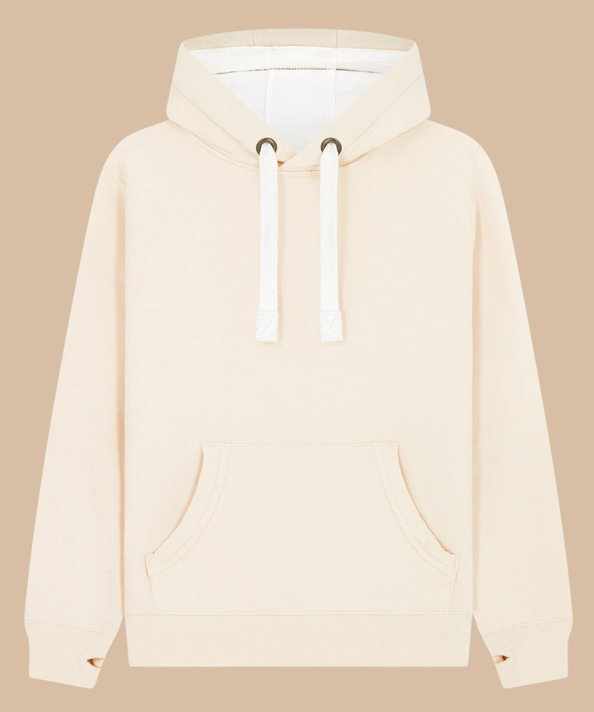 Premium quality heavyweight hoodie in ivory with contrasting hood inner and draw cord. Has front kangaroo pocket with hidden phone pouch, and thumb holes in the sleeve cuffs. From Pathfinder Printworks. Screen printers for teams, clubs, and businesses.