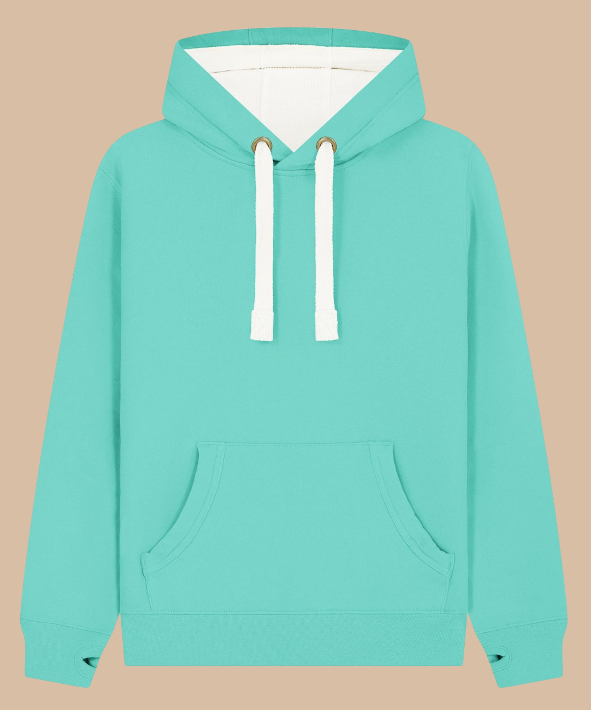 Premium quality heavyweight hoodie in lagoon blue with contrasting hood inner and draw cord. Has front kangaroo pocket with hidden phone pouch, and thumb holes in the sleeve cuffs. From Pathfinder Printworks. Screen printers for teams, clubs, and businesses.
