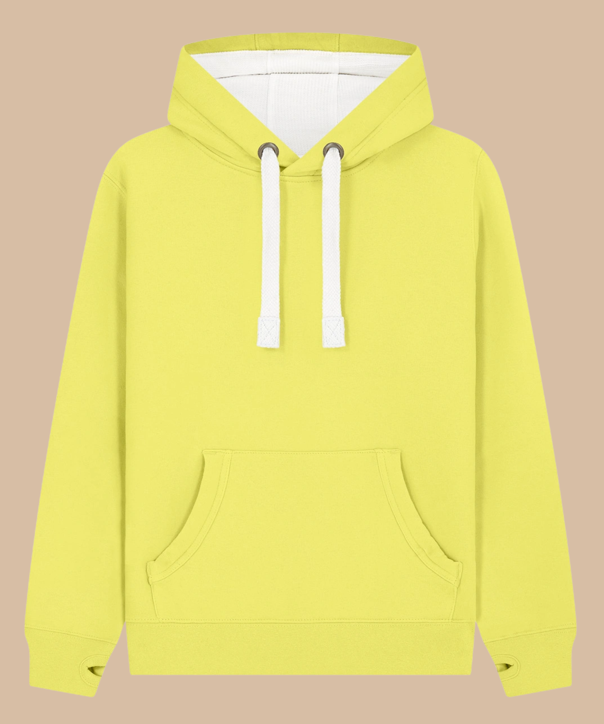 Premium quality heavyweight hoodie in lemon with contrasting hood inner and draw cord. Has front kangaroo pocket with hidden phone pouch, and thumb holes in the sleeve cuffs. From Pathfinder Printworks. Screen printers for teams, clubs, and businesses.