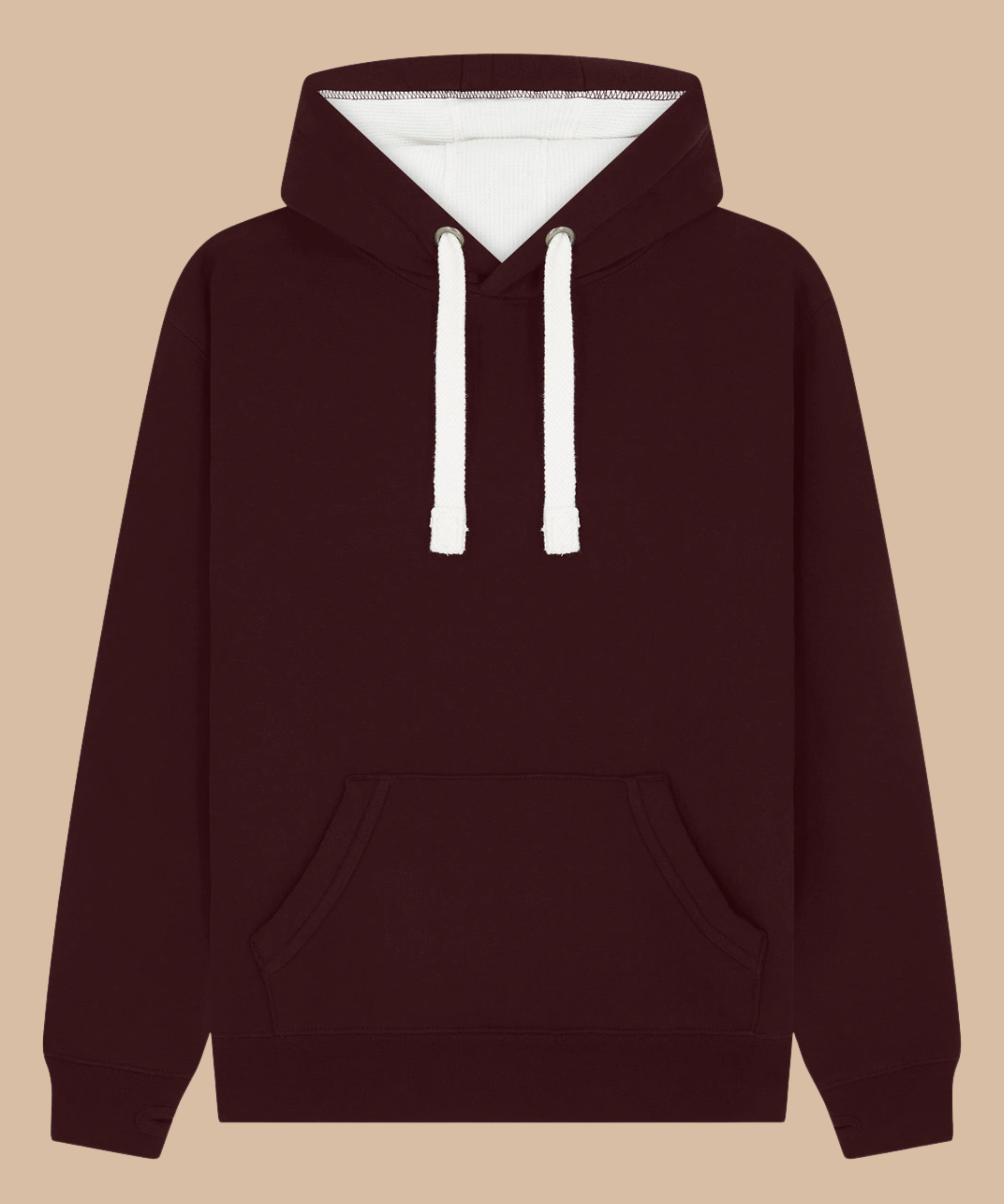 Premium quality heavyweight hoodie in maroon with contrasting hood inner and draw cord. Has front kangaroo pocket with hidden phone pouch, and thumb holes in the sleeve cuffs. From Pathfinder Printworks. Screen printers for teams, clubs, and businesses.