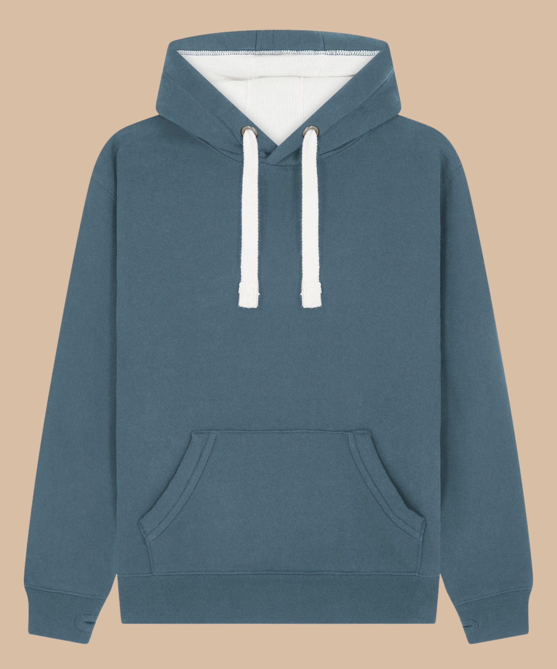 Premium quality heavyweight hoodie in ocean blue with contrasting hood inner and draw cord. Has front kangaroo pocket with hidden phone pouch, and thumb holes in the sleeve cuffs. From Pathfinder Printworks. Screen printers for teams, clubs, and businesses.