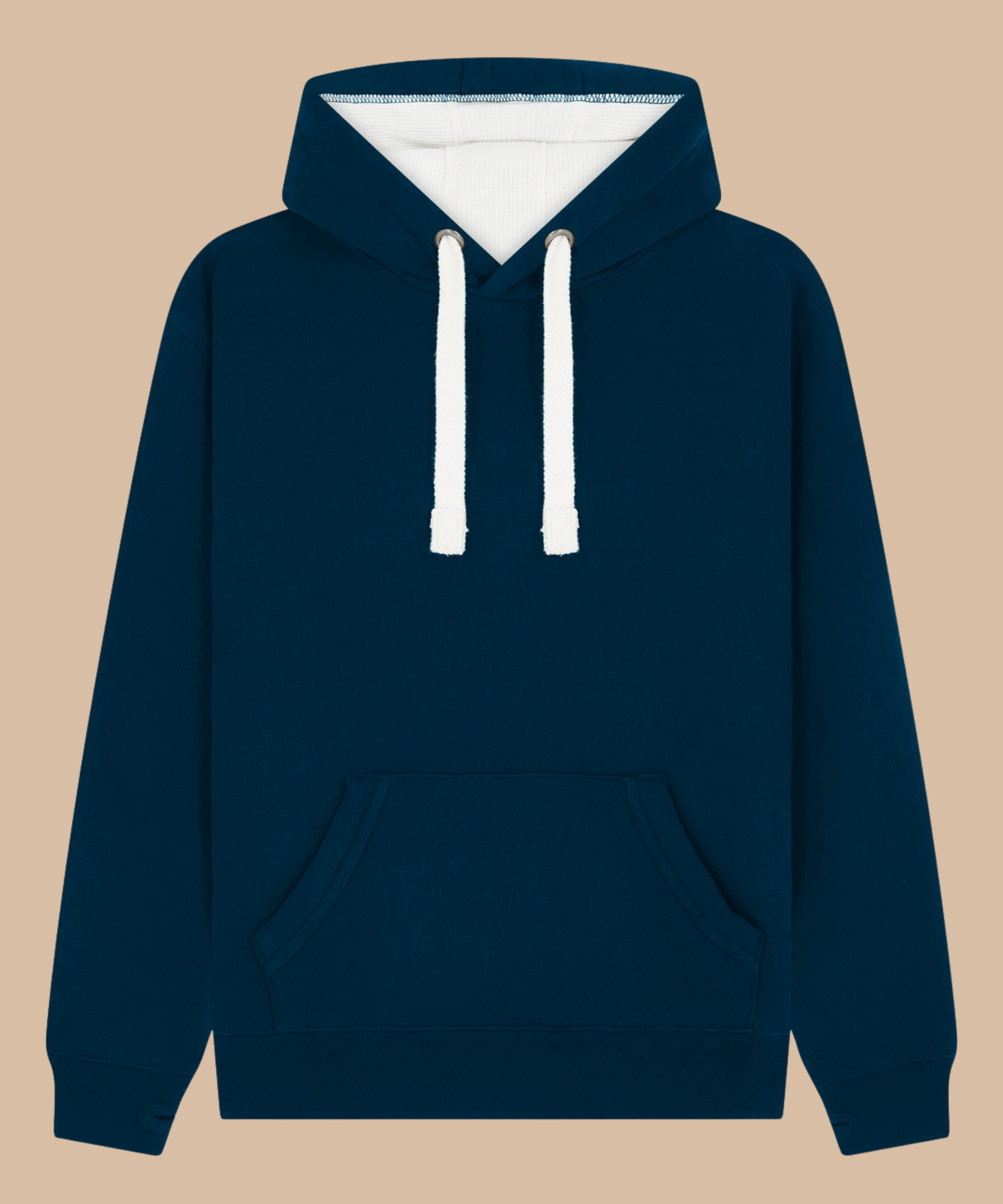 Premium quality heavyweight hoodie in Oxford navy with contrasting hood inner and draw cord. Has front kangaroo pocket with hidden phone pouch, and thumb holes in the sleeve cuffs. From Pathfinder Printworks. Screen printers for teams, clubs, and businesses.