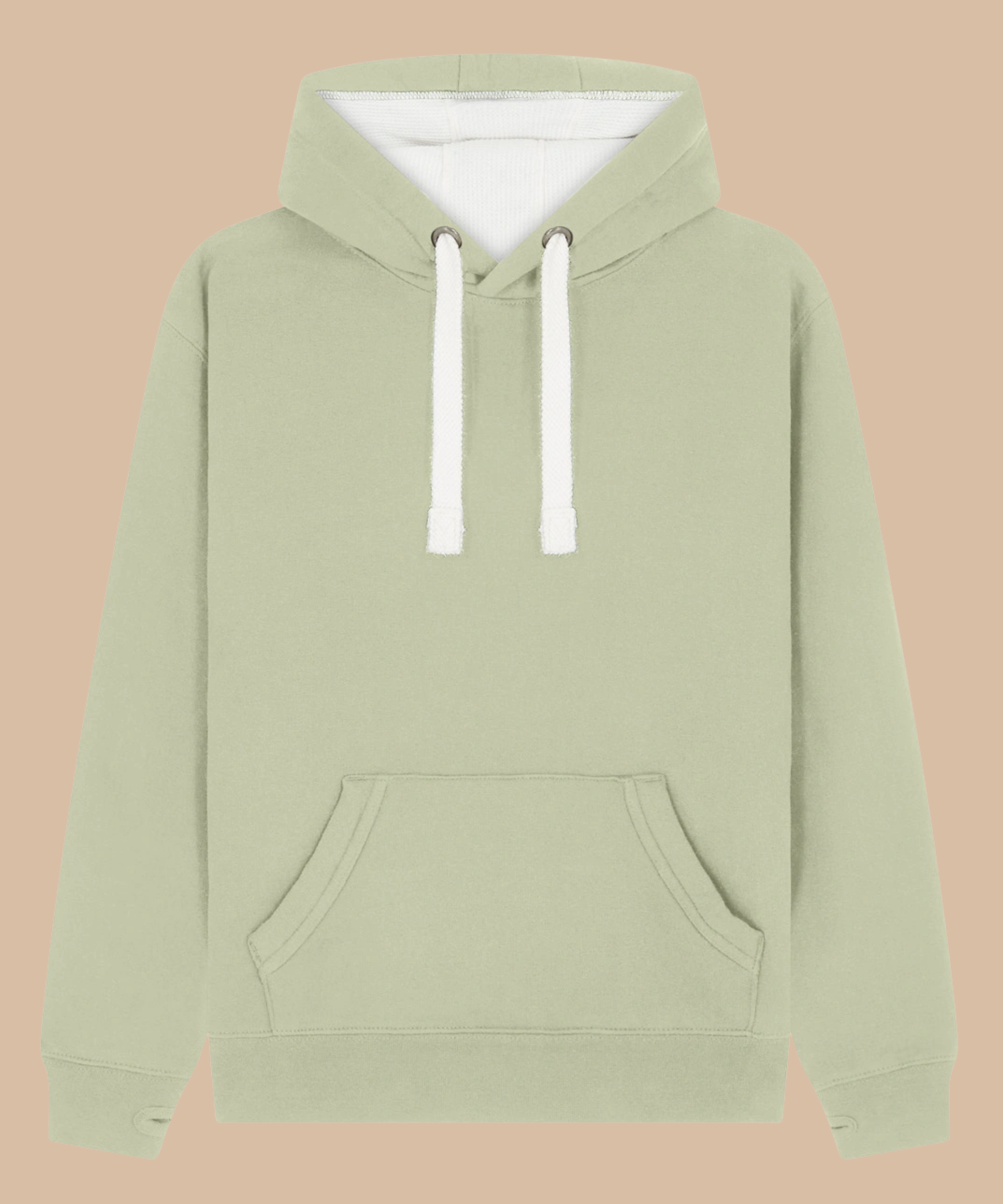 Premium quality heavyweight hoodie in pistachio with contrasting hood inner and draw cord. Has front kangaroo pocket with hidden phone pouch, and thumb holes in the sleeve cuffs. From Pathfinder Printworks. Screen printers for teams, clubs, and businesses.