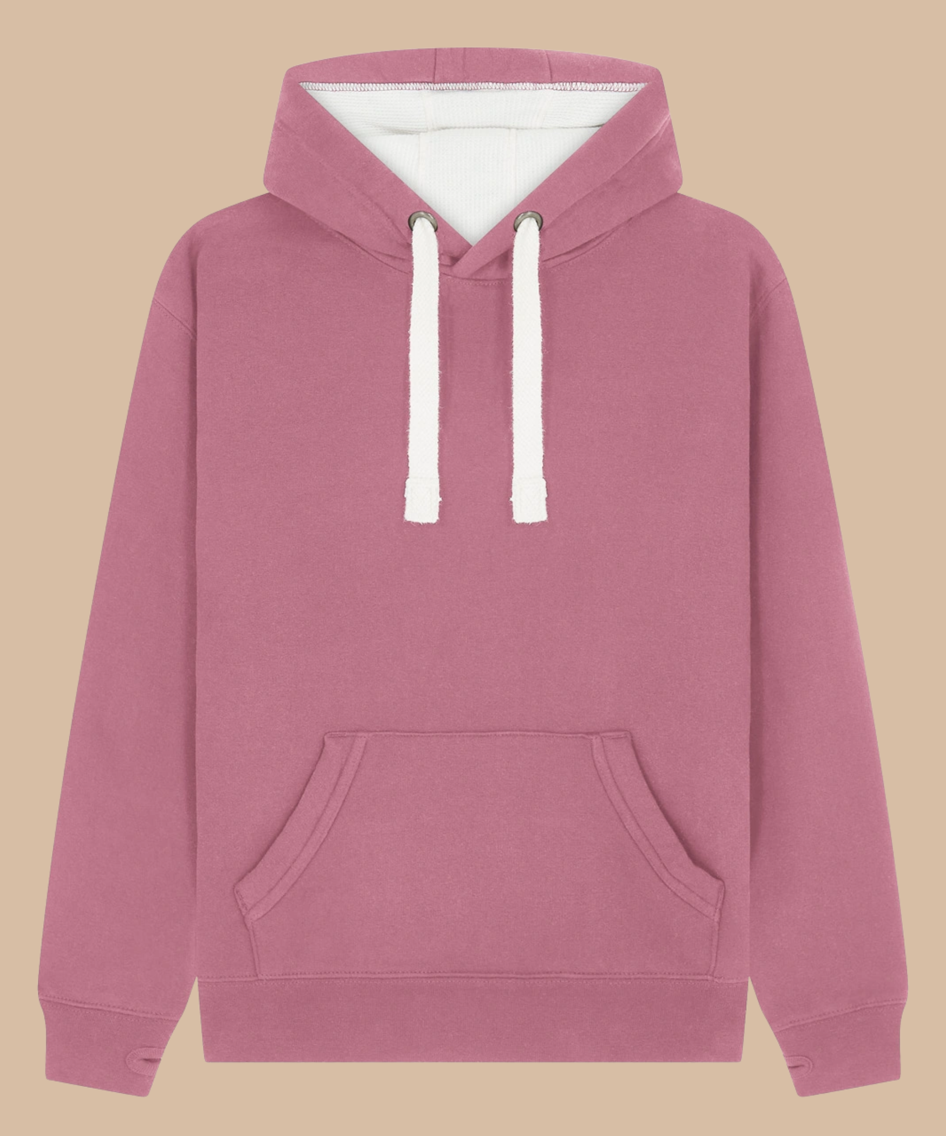 Premium quality heavyweight hoodie in mulberry pink with contrasting hood inner and draw cord. Has front kangaroo pocket with hidden phone pouch, and thumb holes in the sleeve cuffs. From Pathfinder Printworks. Screen printers for teams, clubs, and businesses.