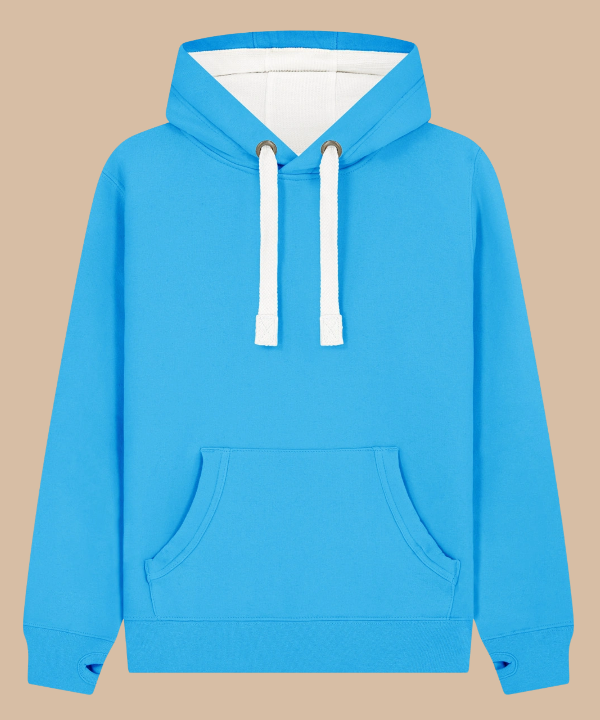 Premium quality heavyweight hoodie in tropical blue with contrasting hood inner and draw cord. Has front kangaroo pocket with hidden phone pouch, and thumb holes in the sleeve cuffs. From Pathfinder Printworks. Screen printers for teams, clubs, and businesses.