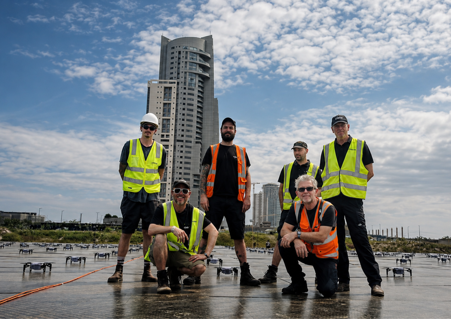 Celestial Drones crew posing on a rooftop with buildings and sky in the background. Wearing hi vis jackets printed by Pathfinder Printworks