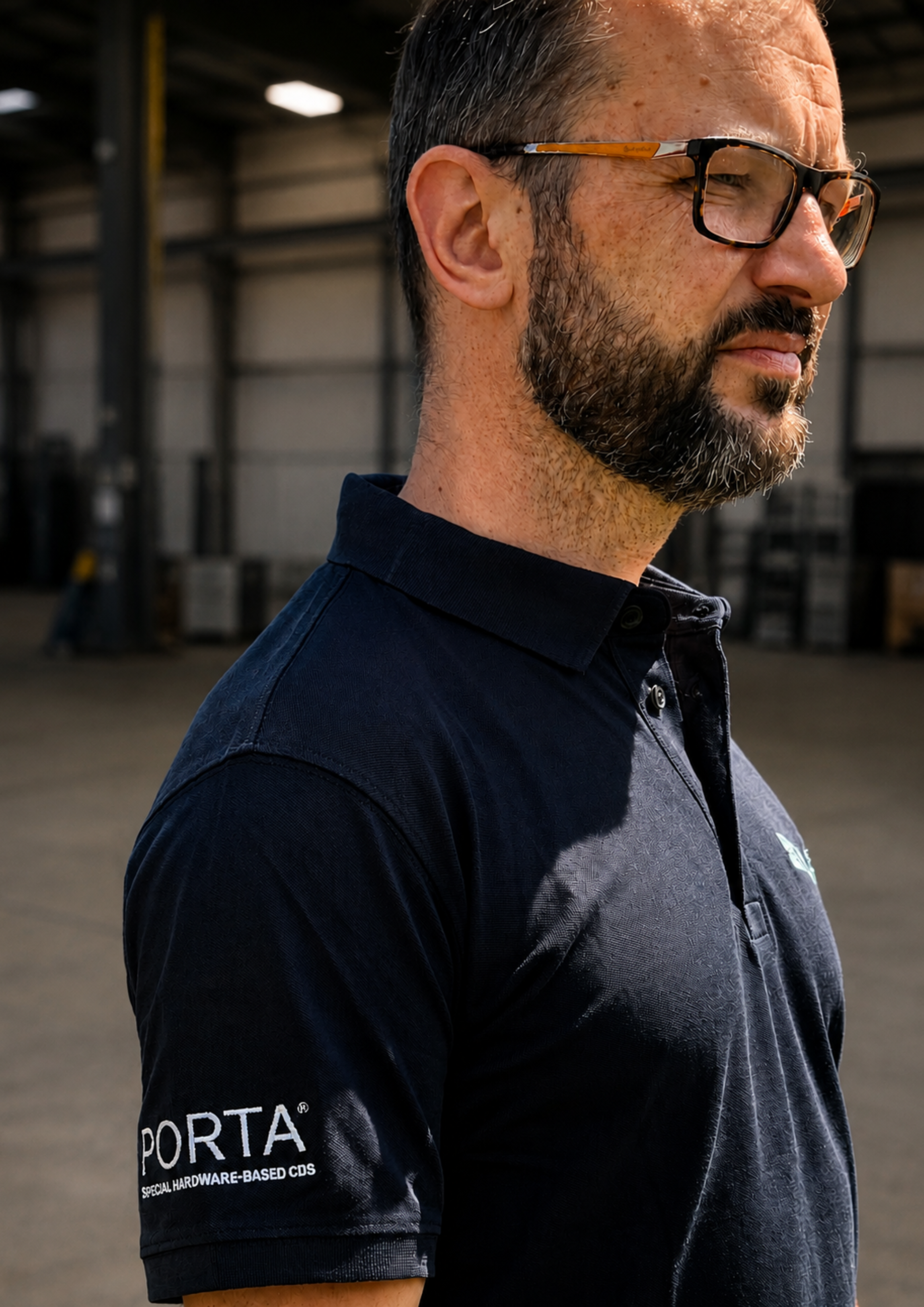 A man with a beard and glasses wearing a dark navy blue polo shirt with 'PORTA' embroidered in white on the sleeve, standing in a large indoor warehouse . Embroidery services from Pathfinder Printworks.