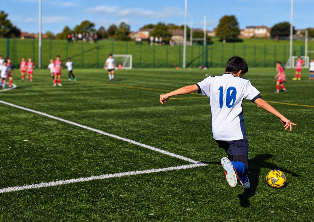 Pembrey AFC junior football player wearing a white and navy blue training t-shirt with a personalised squad number, preparing to kick a football during a match. Custom team kit hand screen printed by Pathfinder Printworks.