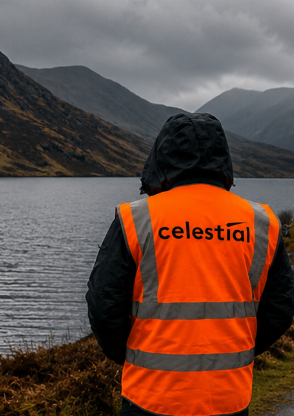 Person wearing an orange vest with 'celestial' logo overlooking a lake and mountains.