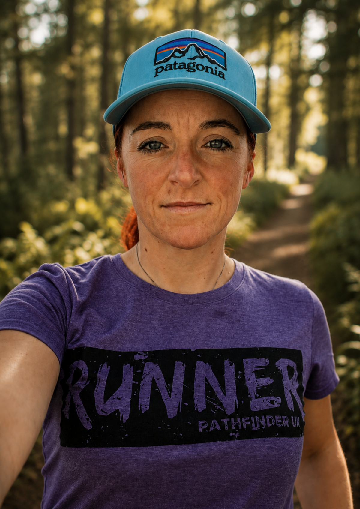 Portrait of a woman standing on a woodland trail wearing a purple Pathfinder UK Runner t-shirt and a blue cap. Sunlight filters through the trees behind her, creating a calm and inspiring outdoor running scene.