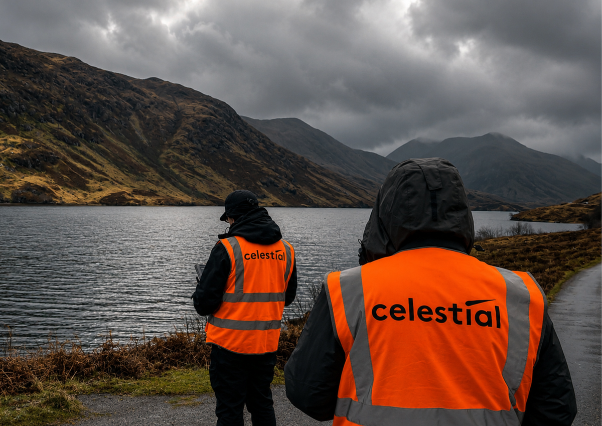 Two people wearing orange vests with 'celestial' logo standing by a lake with mountains in the background. Pathfinder Printworks hand screen print for any organisation. Contact us for details.