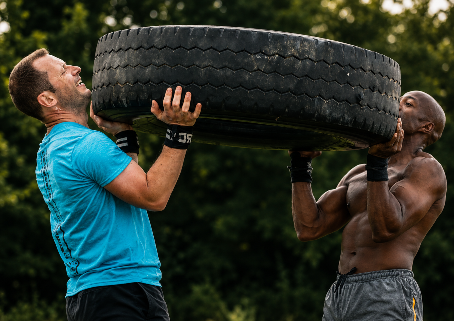 Two participants work together to lift a large tractor tyre during an outdoor fitness challenge. The image captures teamwork, determination and shared effort, highlighting the strength that comes from working towards a common goal.