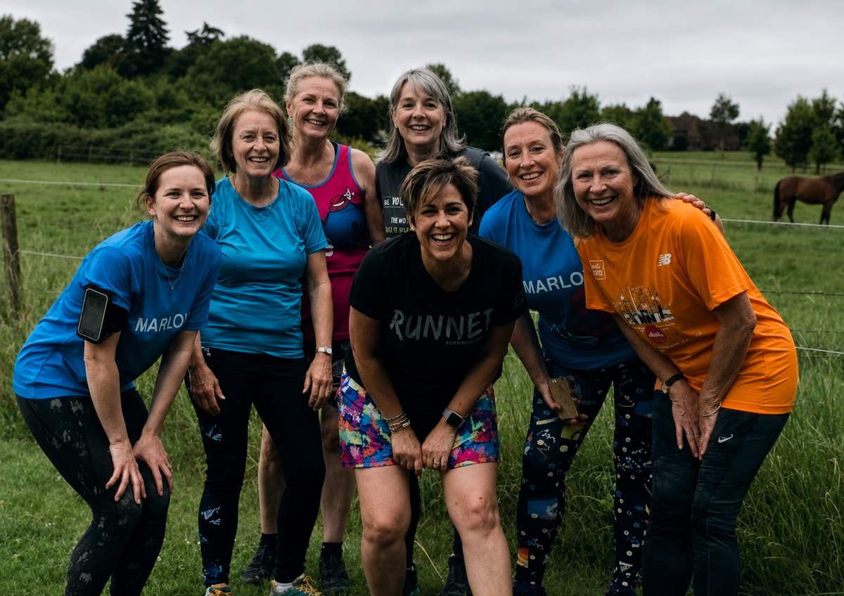 Group of Marlow Striders female runners, posing together outdoors in a grassy field. Some wearing training t-shirts printed by Pathfinder Printworks.