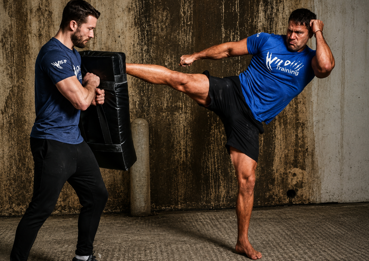 An athlete performs a powerful kick during a training session while wearing branded team apparel. The image highlights discipline, commitment and the dedication required to develop skills and achieve long-term goals.