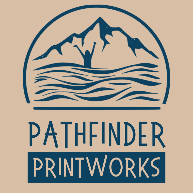 Logo of Pathfinder Printworks with mountain and wave design on a beige background