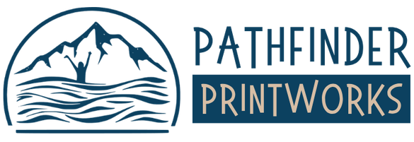 Logo of Pathfinder Printworks with mountain and wave design.