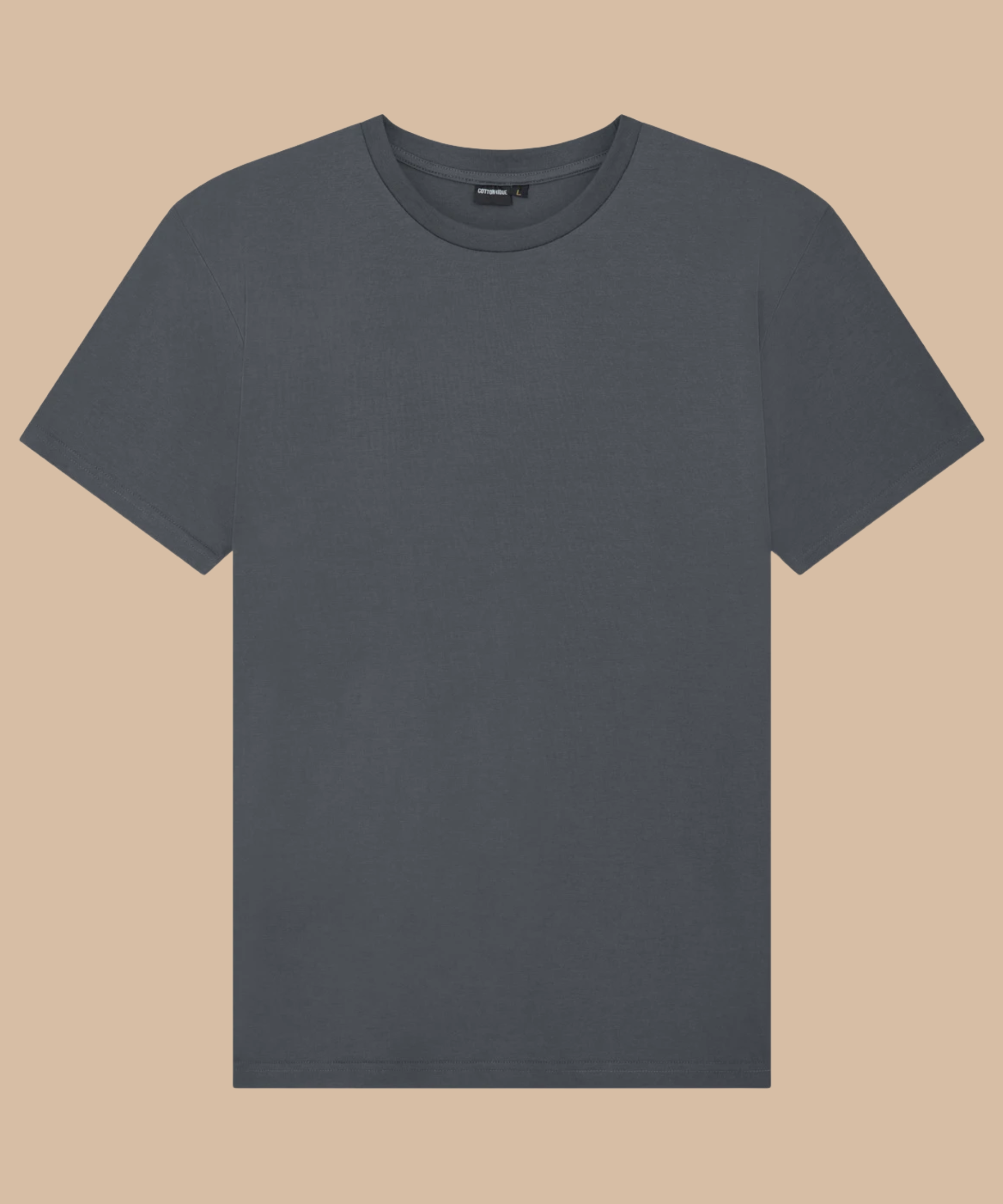 Plain dark gray t-shirt on a beige background