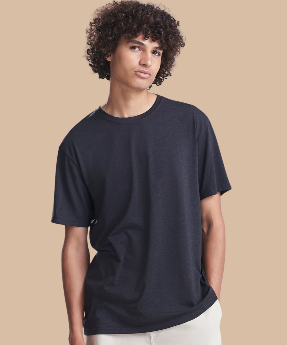 Man wearing a black t-shirt. Standard stock for Pathfinder Printworks hand printing services. Based in South Wales.