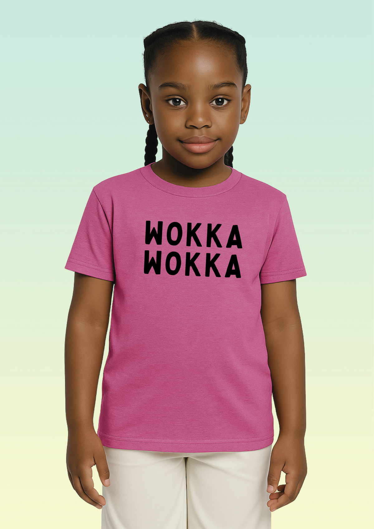 A young girl with braided hair wearing a pink t-shirt with 'WOKKA WOKKA' printed in black across the chest, paired with off-white pants, set against a light green gradient background. Exclusive to Flying Teez.